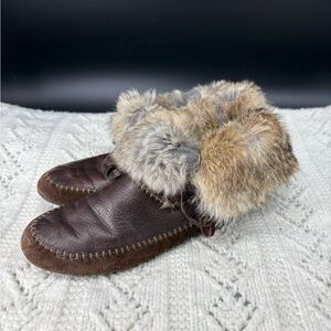 House of Harlow 1960 Rabbit Fur Slipper Bootie Moccasin Womens 36 Suede Leather